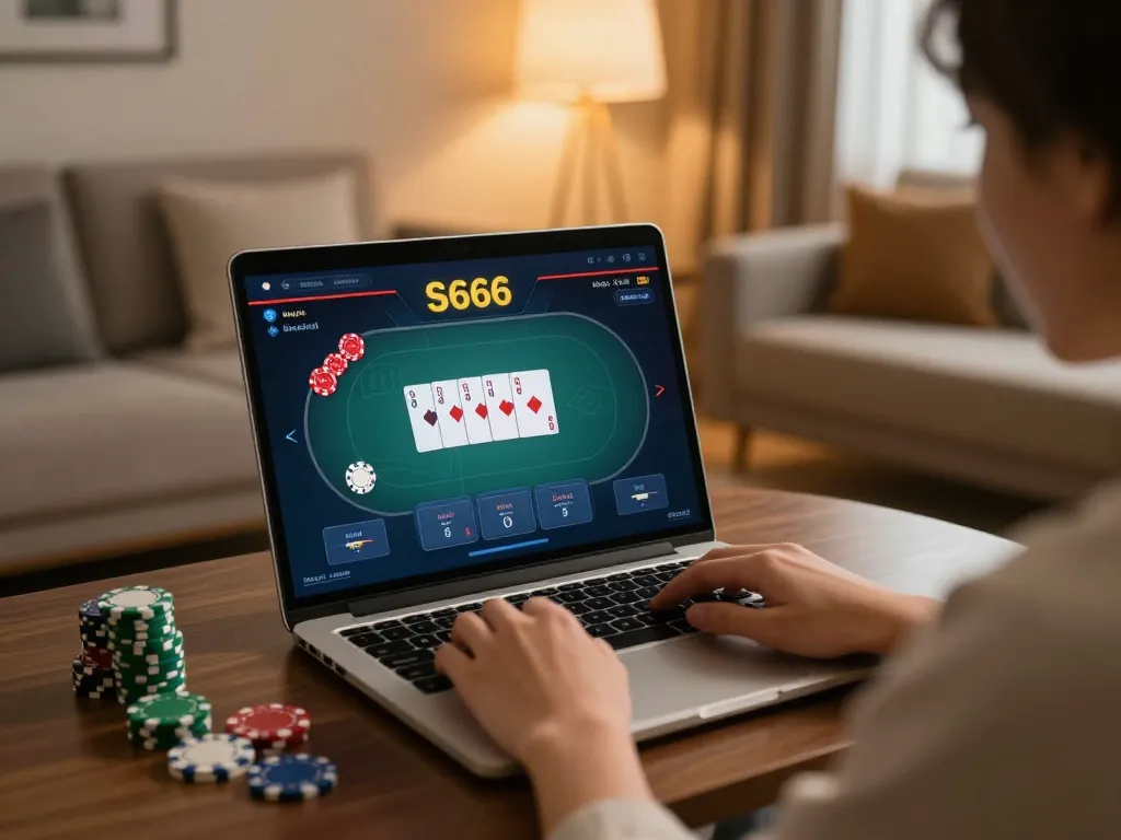 S666 đăng nhập in an elegant online gaming scene with a cozy setup and a visible poker game interface.