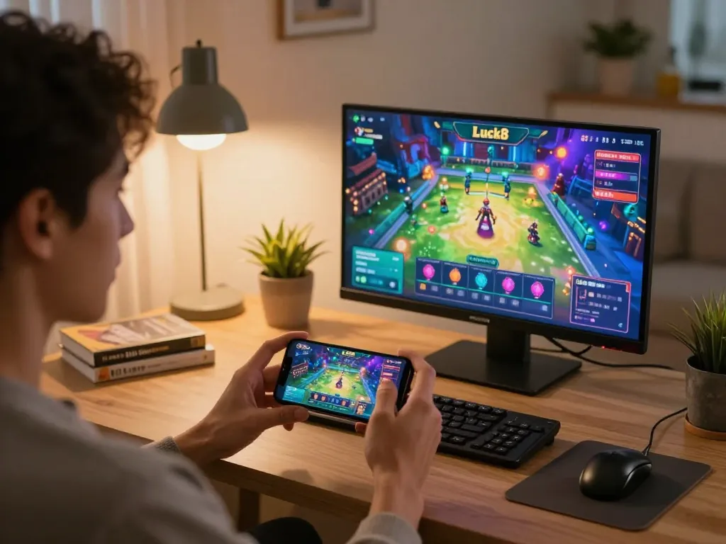 Playing Luck8 mobile app with engaging graphics in a cozy home setup, showcasing modern online gambling.