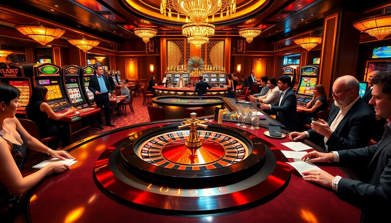 The electrifying atmosphere of a luxury casino scene featuring betting tables and the roulette wheel at https://rr88.bar/, showcasing excitement and engagement.