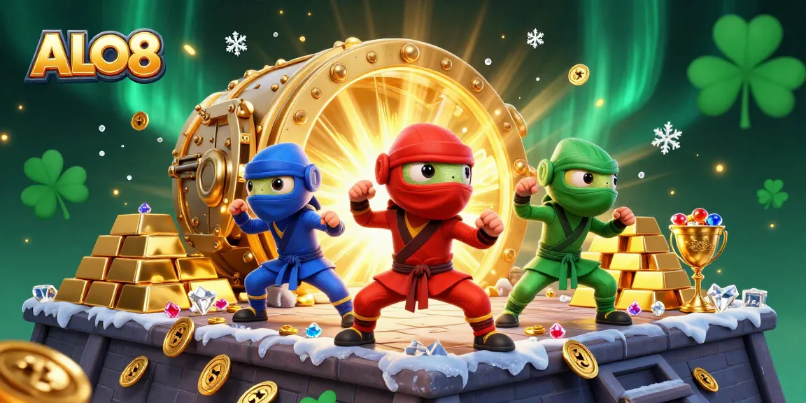 Experience the exciting world of ALO8 as colorful ninja chameleons perform in a vibrant casino-themed scene.