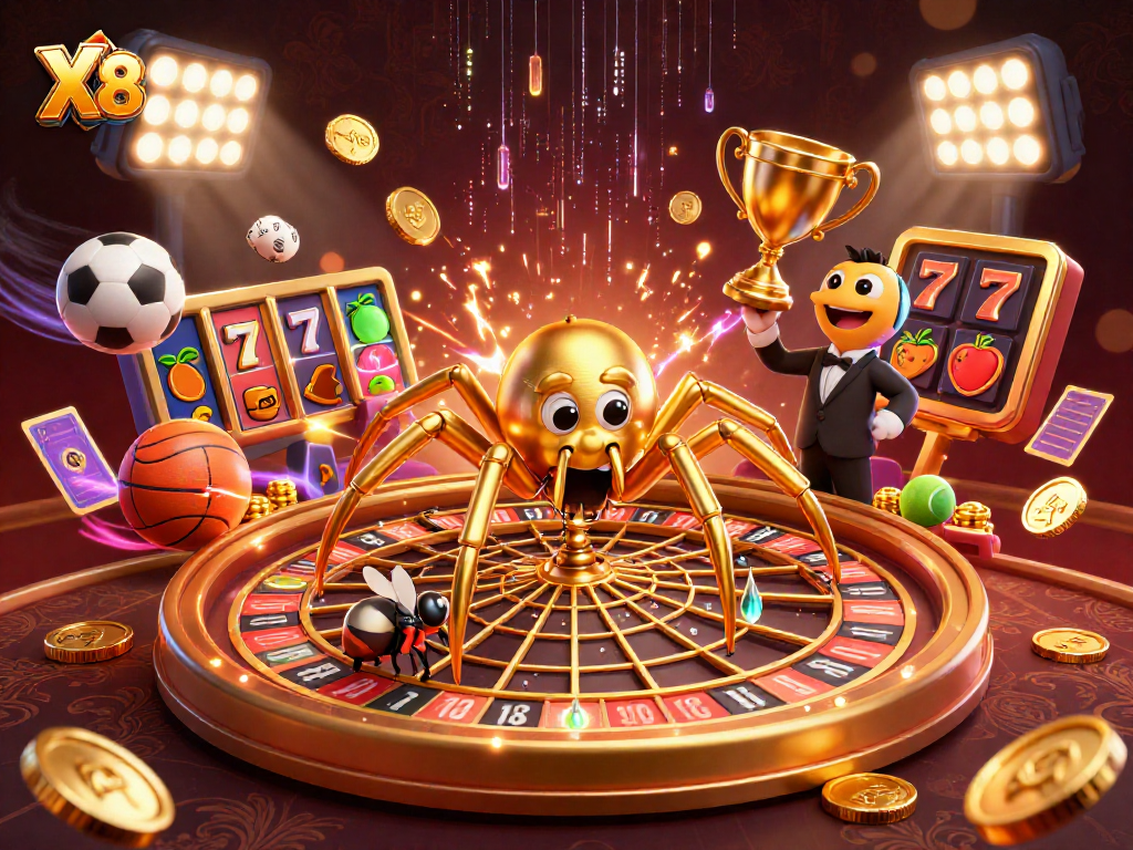 X88's exciting scene with a golden spider and centipede croupier amidst vibrant casino elements.