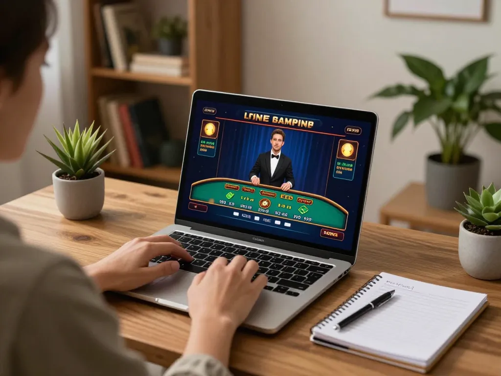 Engaging in live casino games with fabet on a laptop in a stylish home office.