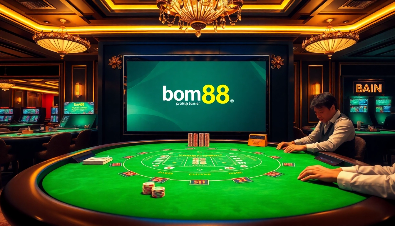 Bong88 logo displayed on a luxurious blackjack table amidst vibrant poker chips and an engaging casino atmosphere