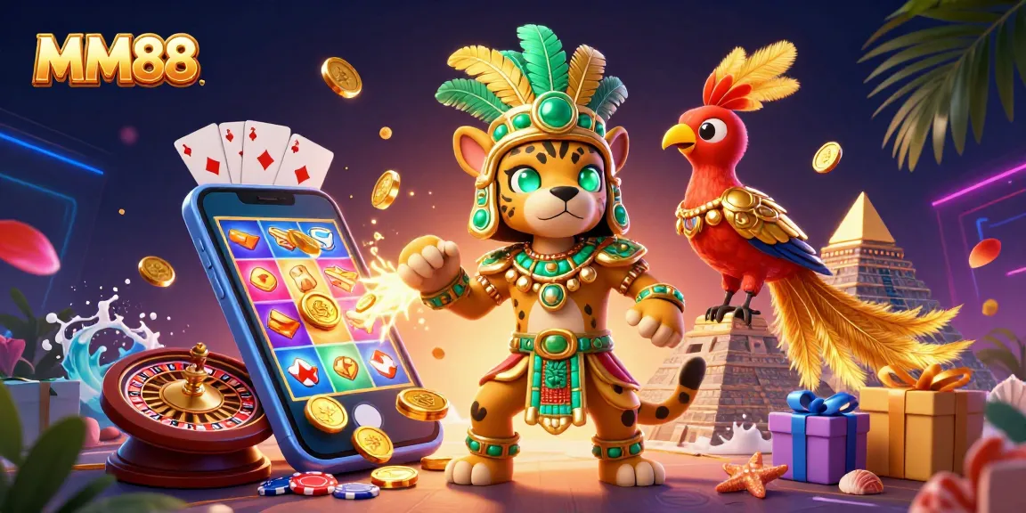 Play exciting games at MM88 with golden coins and vivid casino elements in this colorful illustration.