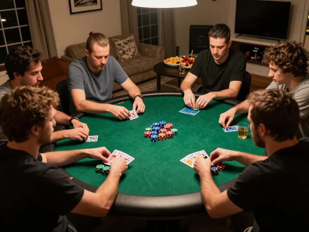 Players at a home poker night utilizing the go8 platform, engaging in strategic card play.