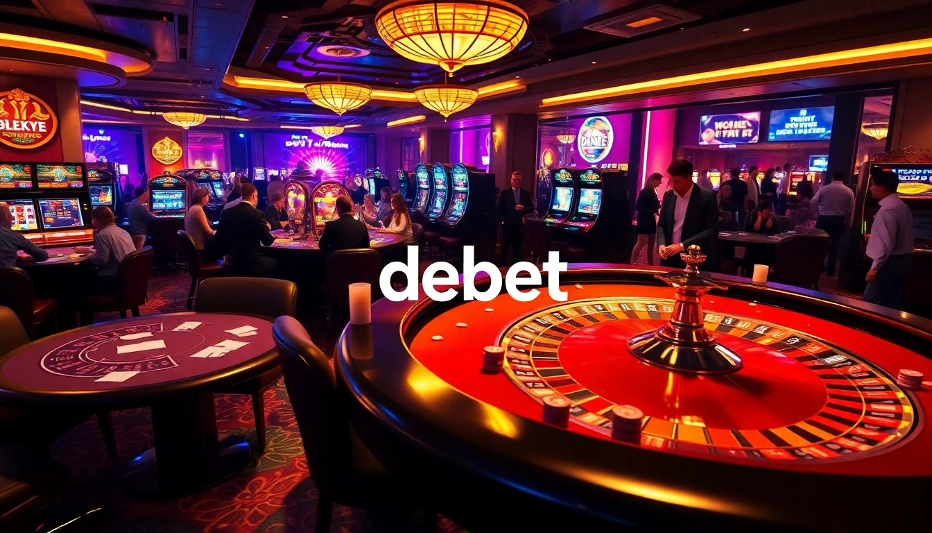 Experience the thrill of debet gambling with vibrant casino scenes featuring poker tables and roulette wheels.