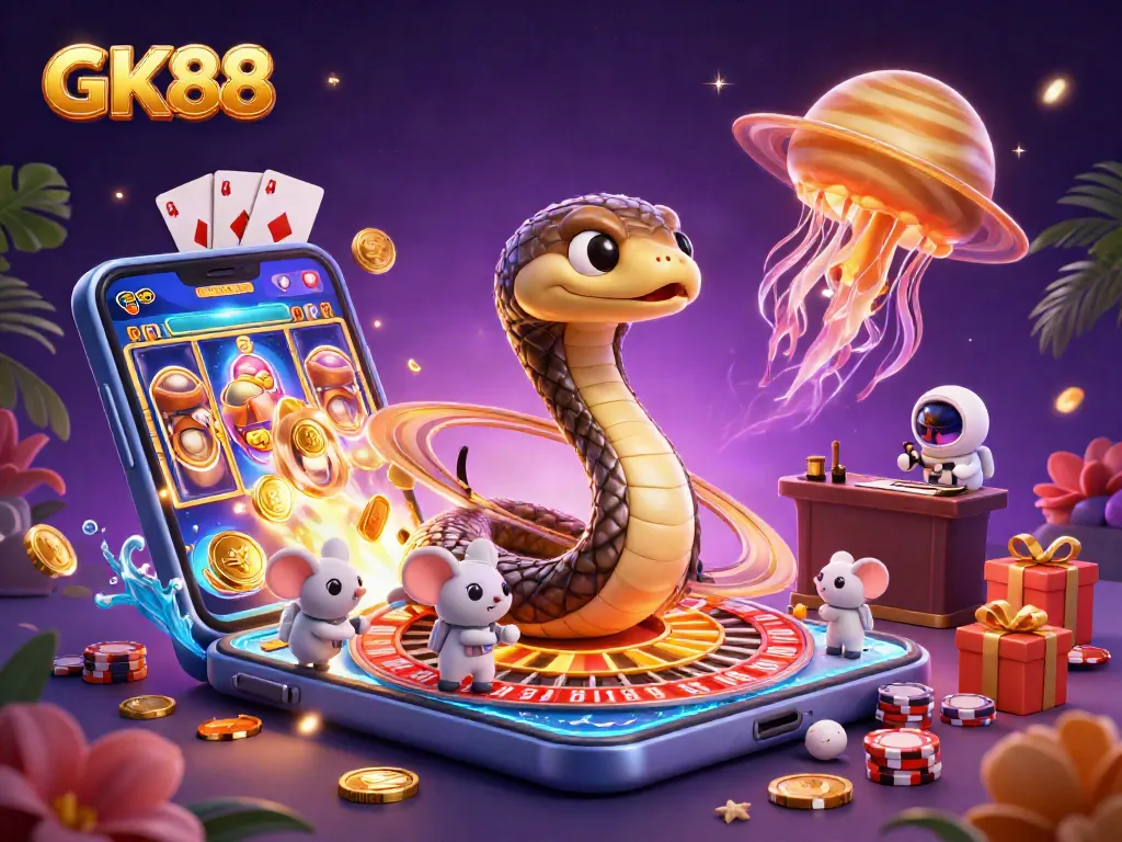Experience the thrilling gameplay at GK88 with cosmic characters and vibrant casino elements.