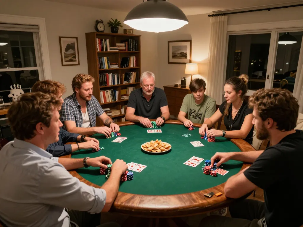 Players enjoying a competitive poker night at home, showcasing the engaging atmosphere of alo8 gaming