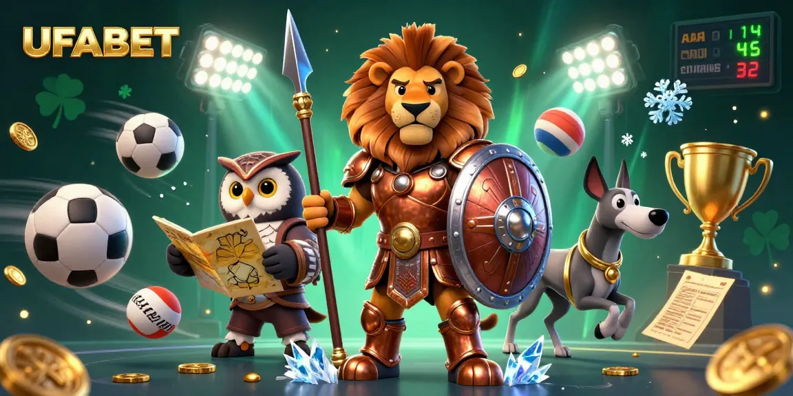 Bet on UFABET for thrilling casino experiences, featuring lions and trophies in a vibrant scene.