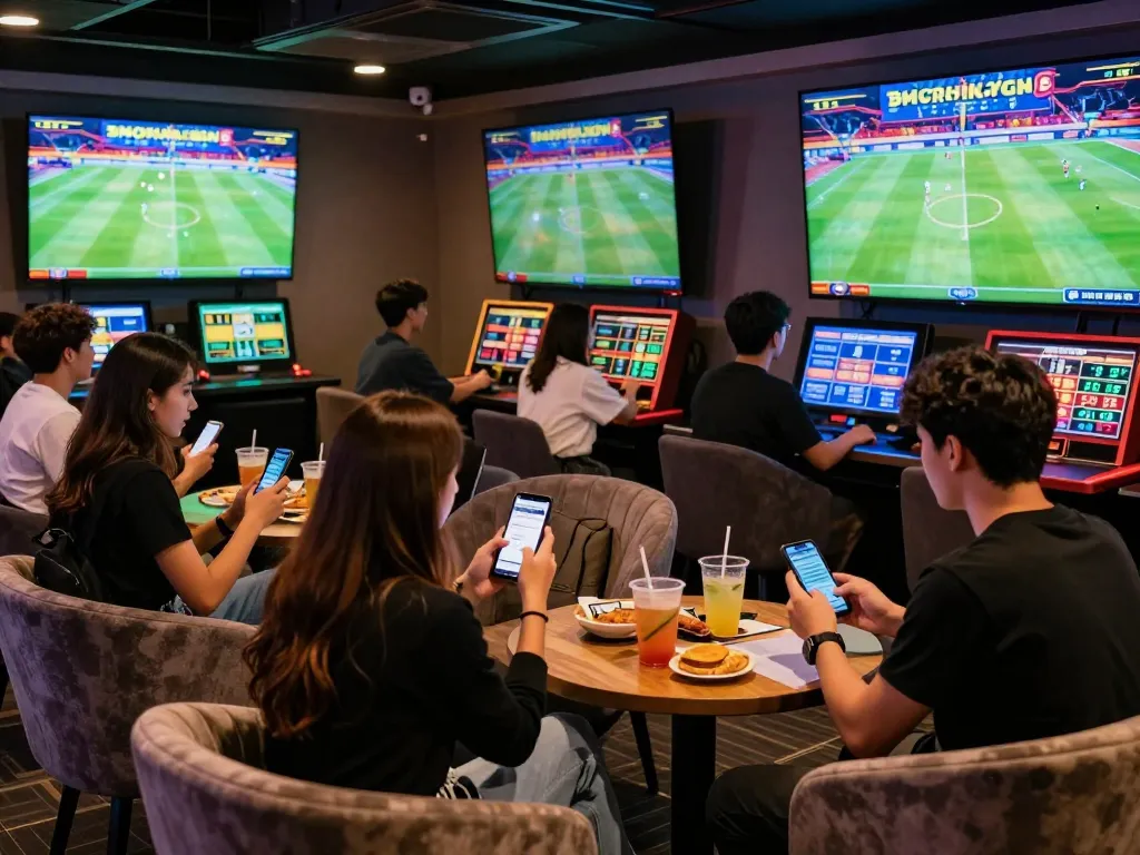 Exciting group enjoying sports betting at rikbet lounge with vibrant screens.