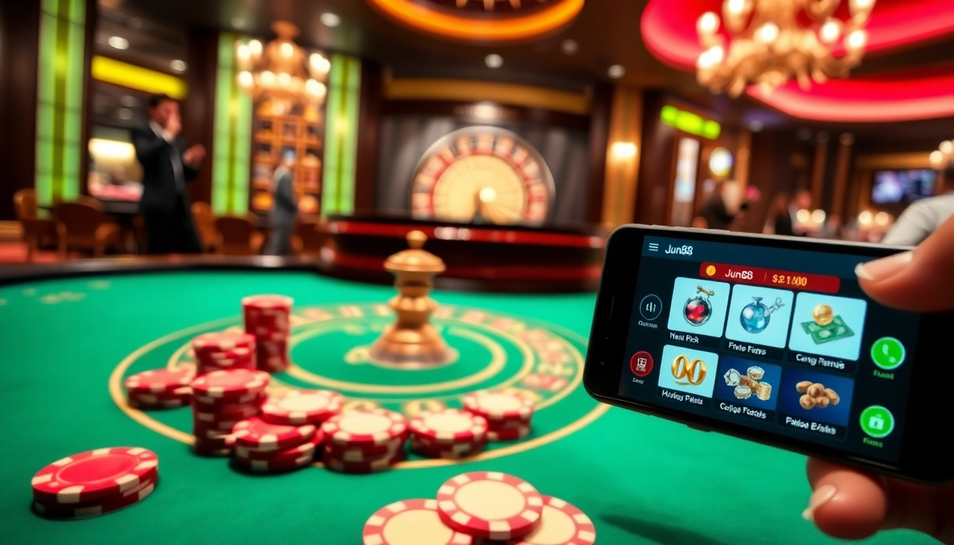 Engaged players enjoying Jun88’s vibrant casino experience with poker chips and roulette.