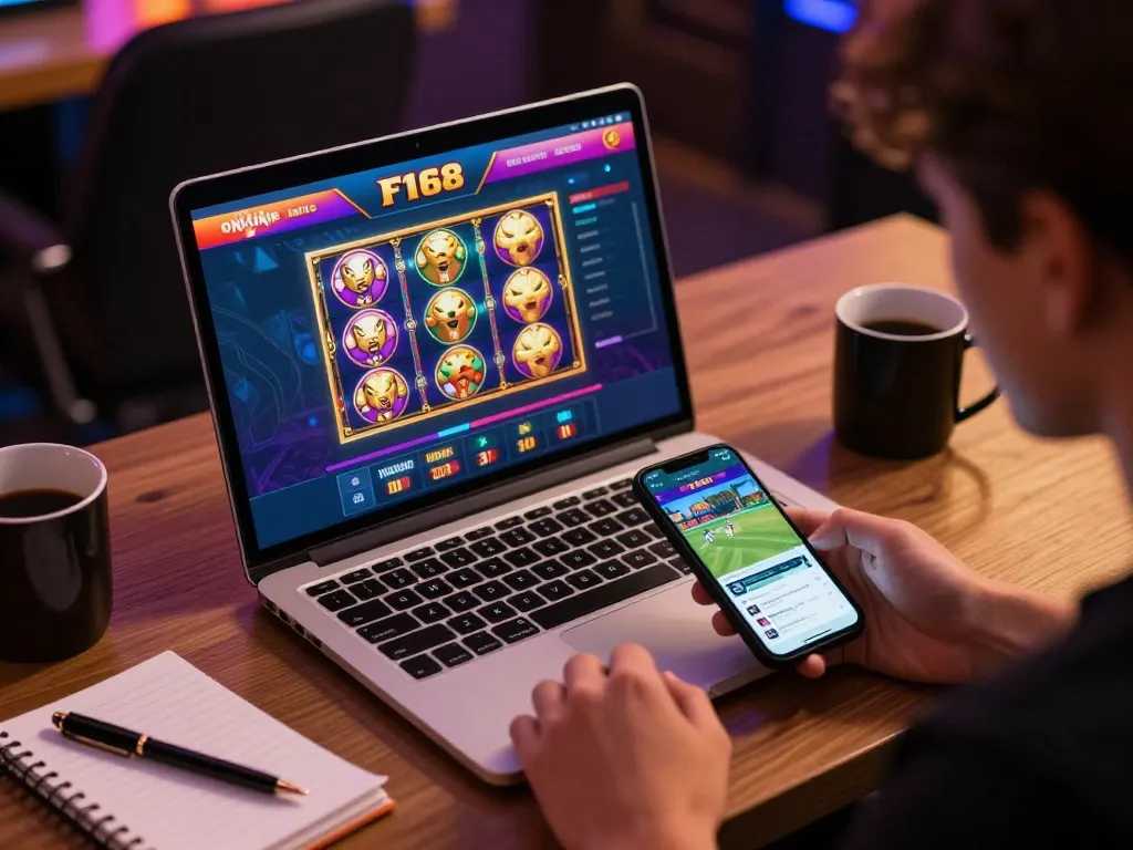Engaging online gaming scene on https://f168.osaka/ where a player explores various casino options