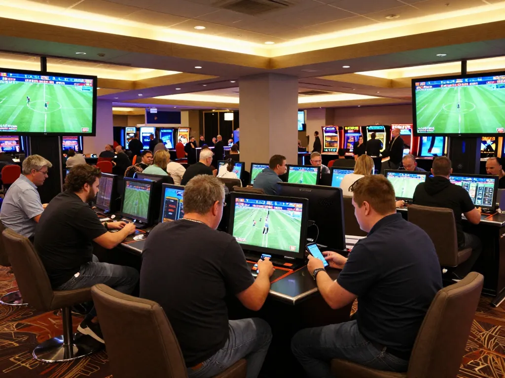 Footballresults-driven sports betting scene with lively atmosphere and enthusiastic bettors engaging with live odds.