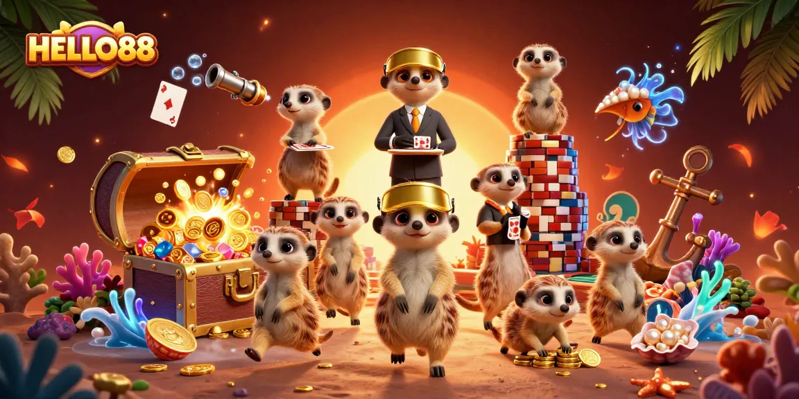 HELLO88 meerkats operating a casino with gold coins and colorful gems in a vibrant underwater scene
