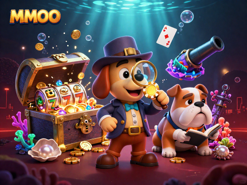 Join the adventure with MMOO as the detective uncovers poker treasures in a vibrant casino scene.