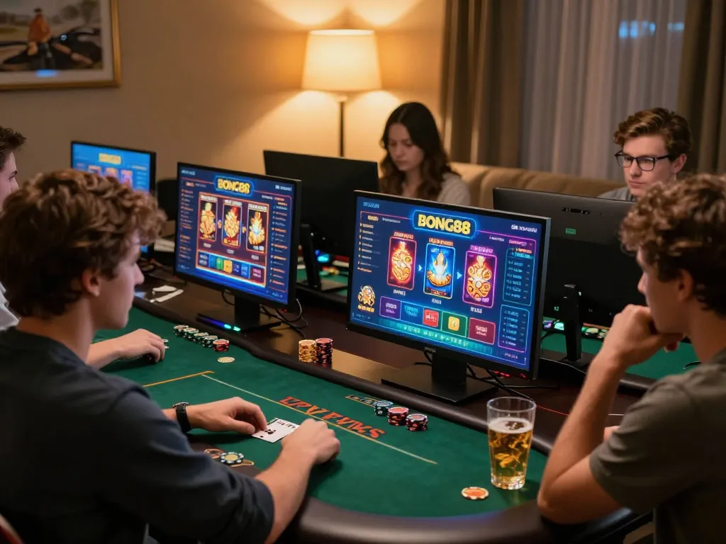BONG88 players enjoying online gaming at home with multiple devices showcasing poker and slots.