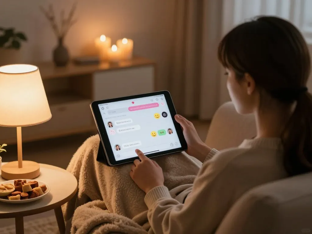 Engaging in ai sex chat on a tablet in a cozy setting, with warm lighting and inviting ambiance.
