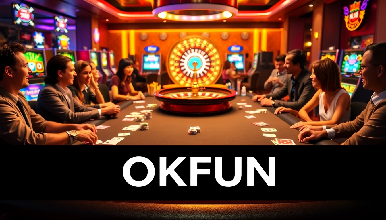 OKFUN casino scene featuring players at a poker table with poker chips and a roulette wheel.