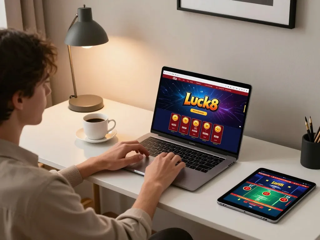 Engaging in online gaming at Luck8 with vibrant casino interface on laptop screen.