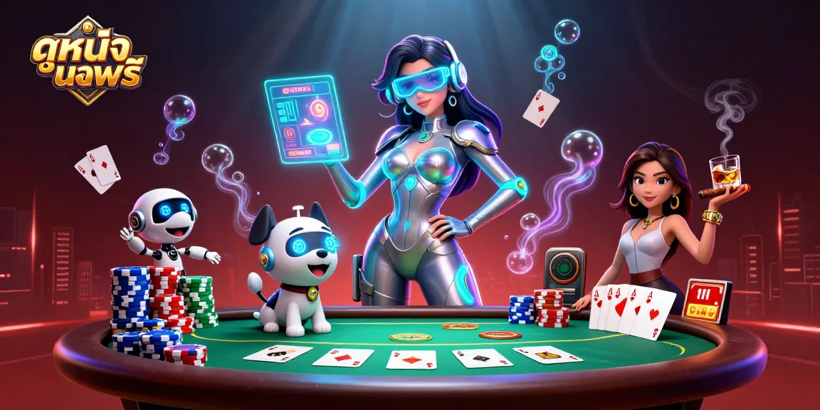Experience ดูหนังออนไลน์ฟรี with an engaging 3D illustration featuring a futuristic woman and robot dog amidst a casino atmosphere.