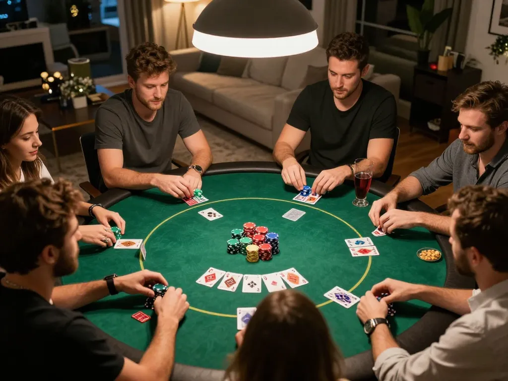 Friends enjoying an engaging poker night at home, showcasing strategic gameplay and social bonding, with MM88 atmosphere and premium details