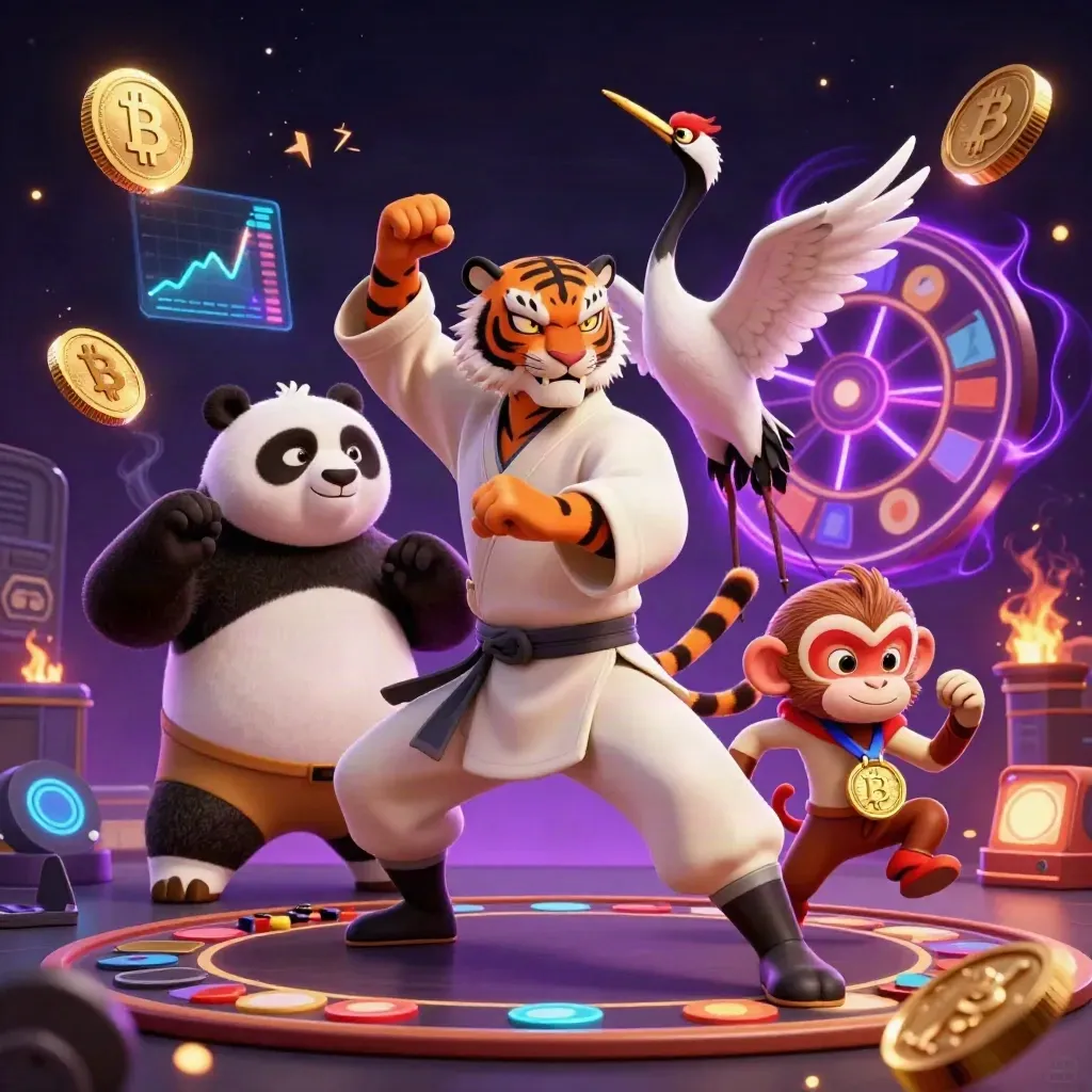 Tiger, panda, and monkey in a neon casino scene with coins, roulette, cards, and glowing tech.