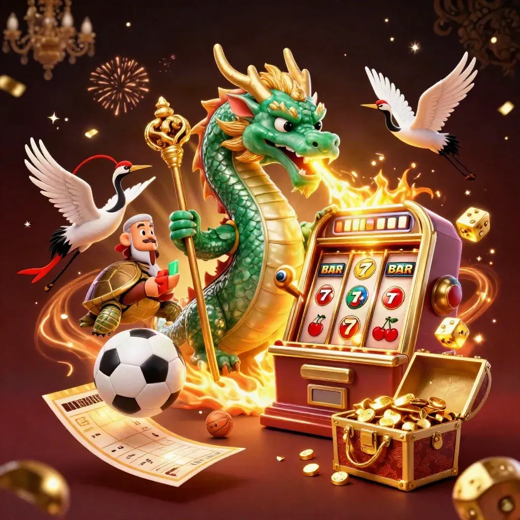 Dragon, turtle, cranes, slot machine and sports balls exploding in luxe casino light.