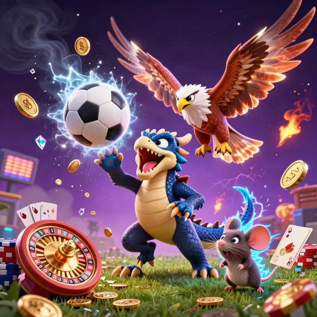 Thunder dragon, hawk and static mouse amid casino coins, chips, cards and sports balls.