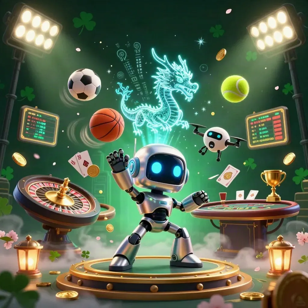 Cyberpunk robot, holographic dragon and coin drone amid gold, sports balls and casino glow.