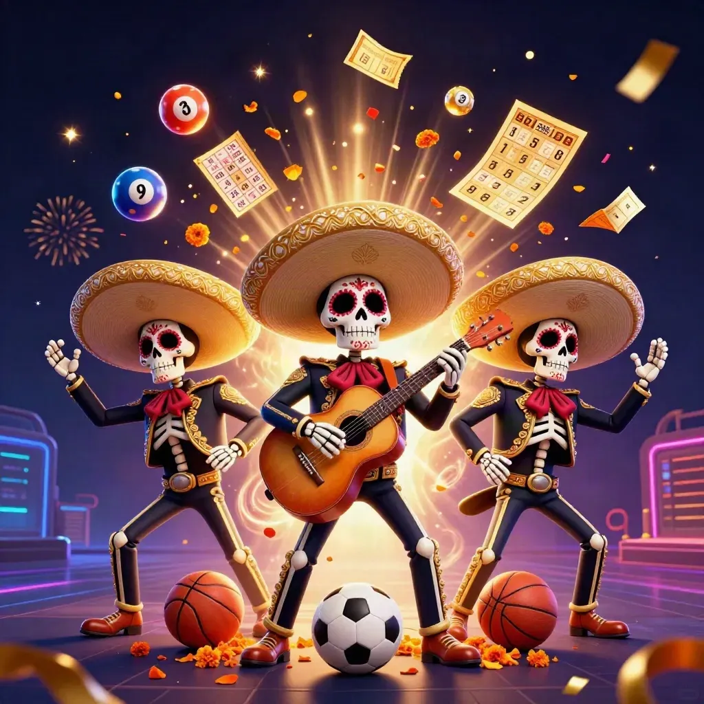 Skeleton mariachi trio amid casino bursts, lottery balls, prize wheel, fireworks, and a neon indigo backdrop.
