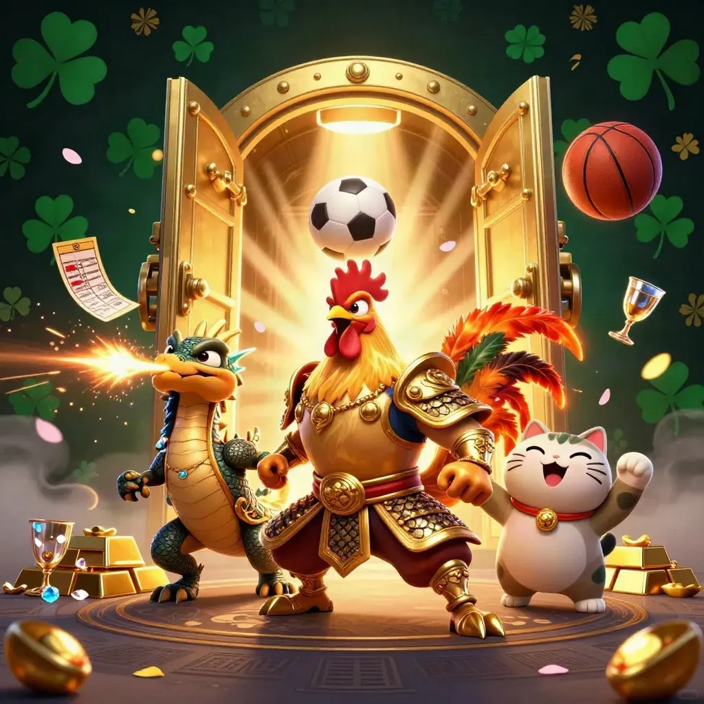 Rooster warrior, dragon hatchling and fortune cat amid gold vault burst, balls and sparks.