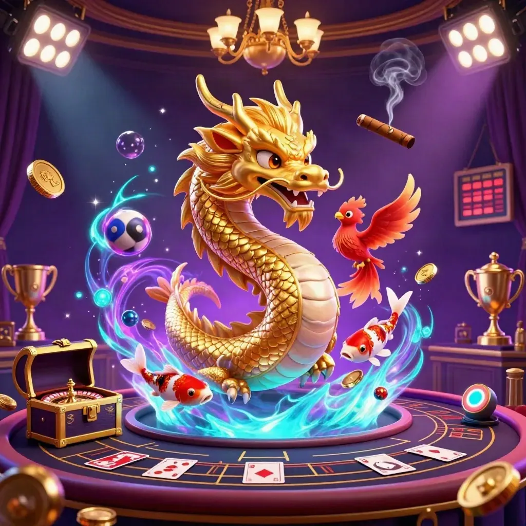 Golden dragon, red phoenix and koi in a luxe blackjack room with neon casino effects.