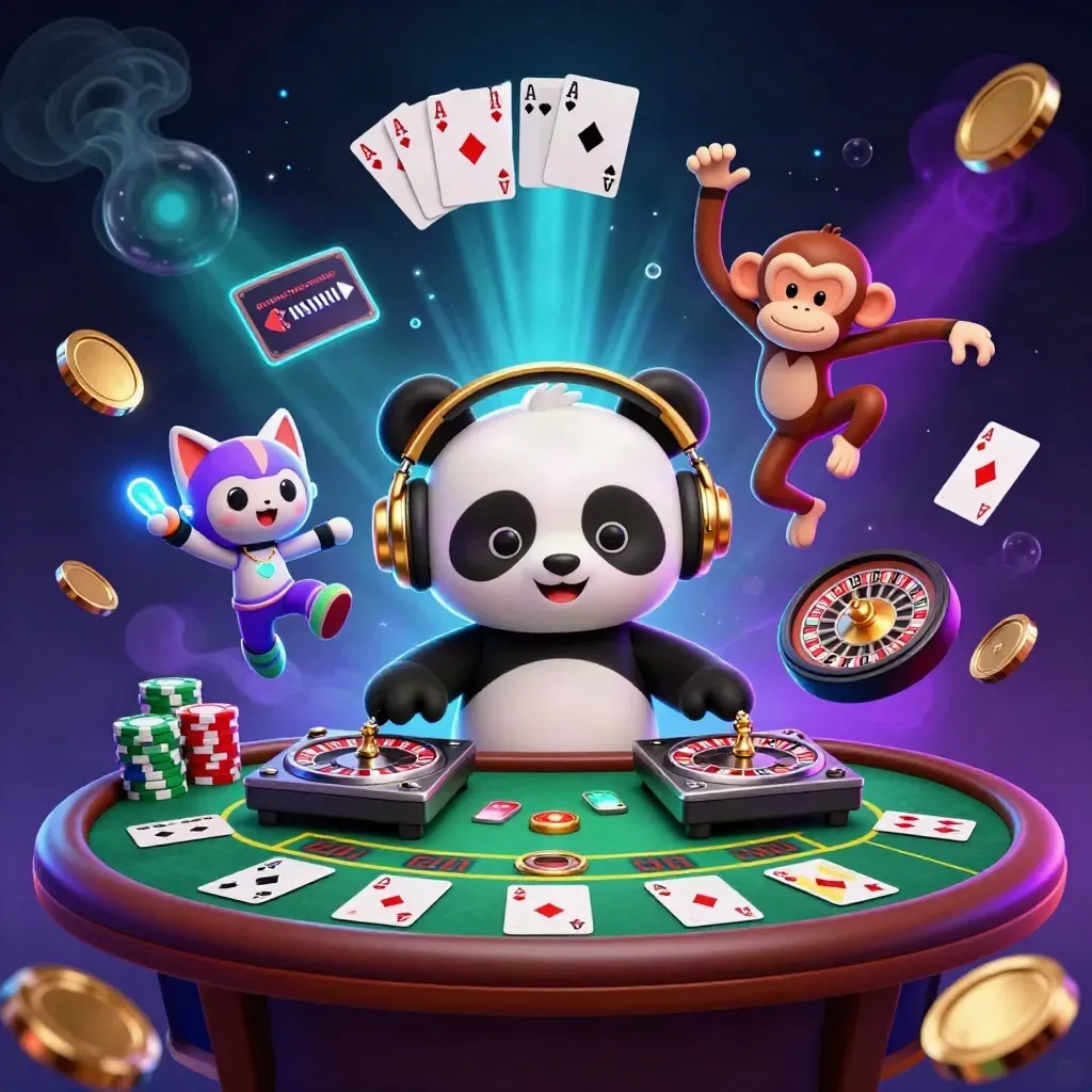 DJ panda, breakdancing monkey, and glow-stick kitten amid casino cards, chips, and neon glow.