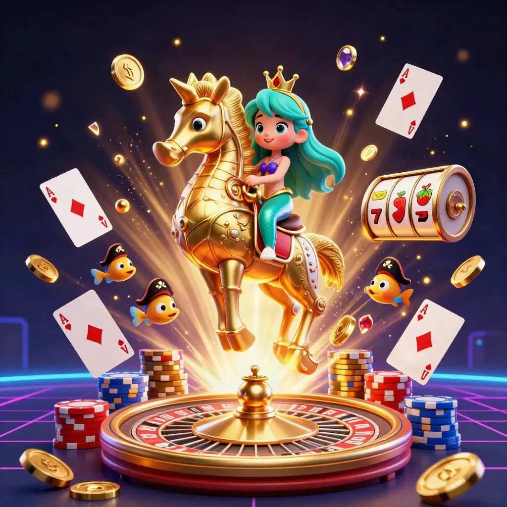 Mermaid princess rides a golden seahorse amid coins, gems, cards, chips, and neon casino glow.