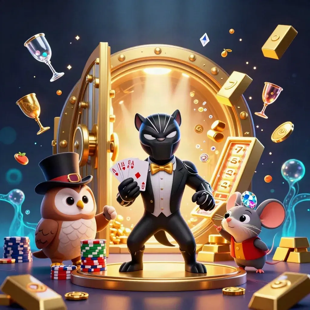 Panther, owl, and mouse raid a glowing gold vault with gems bursting in a luxe casino scene.