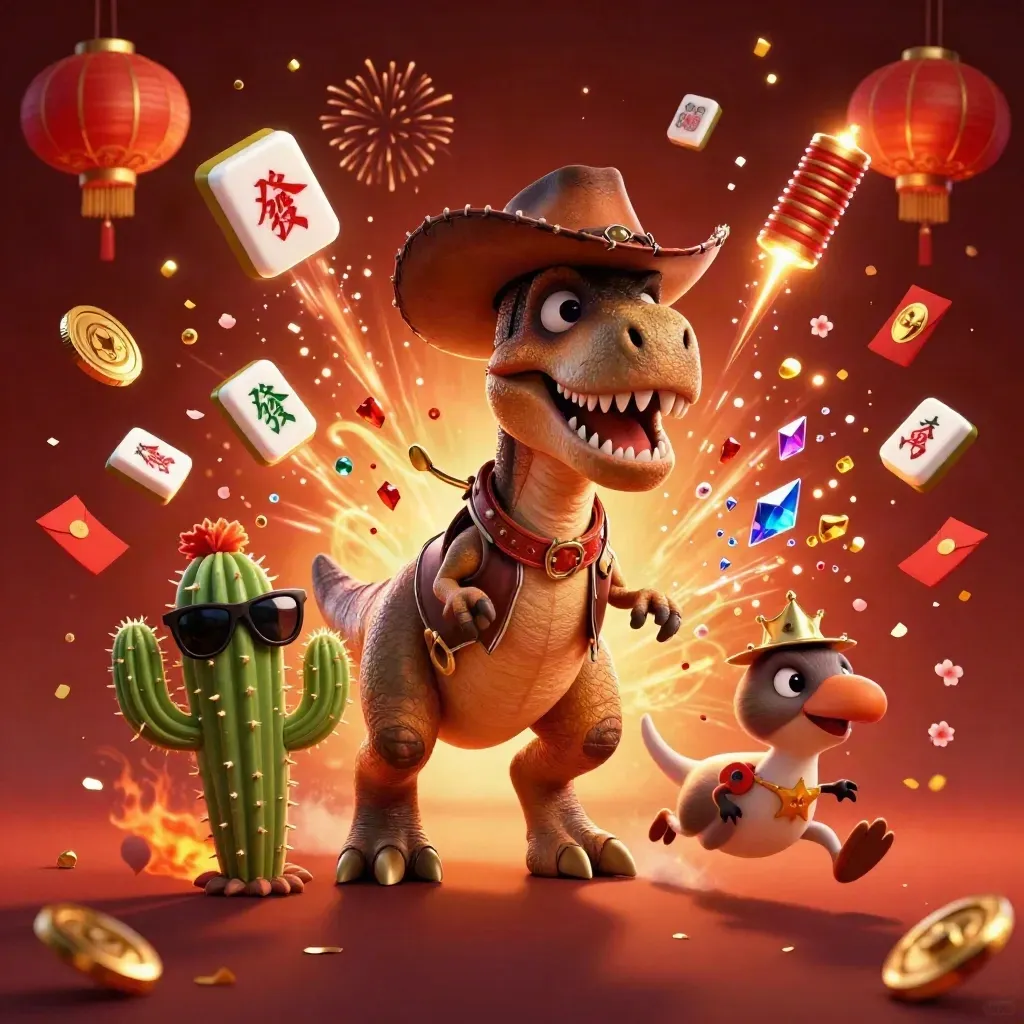 Cowboy T-Rex, cactus sidekick, and sheriff roadrunner amid gold coins, lanterns, and fireworks.