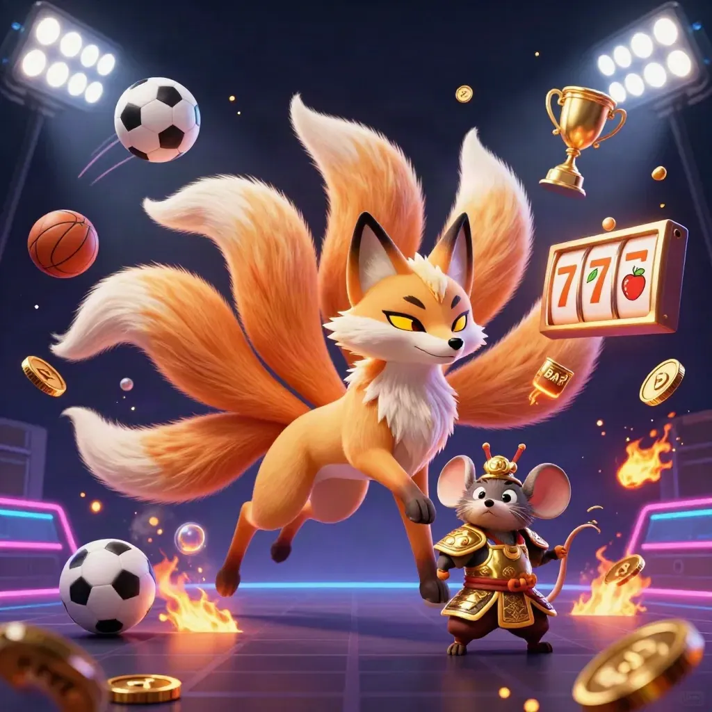 Nine-tailed fox spirit and samurai mouse amid gold coins, sports balls, and casino sparks.