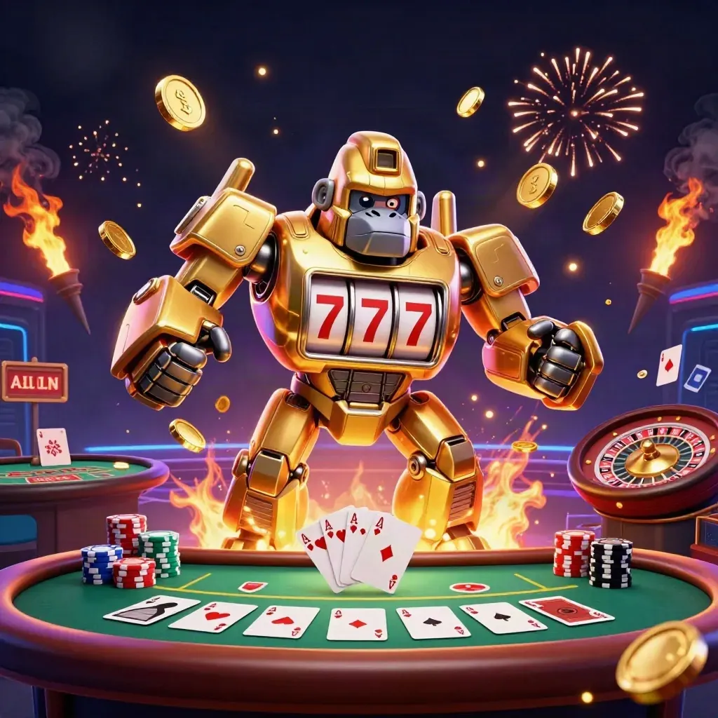 Golden gorilla mech vault explosion with coins, cards, chips, roulette, and a tiny monkey pilot.