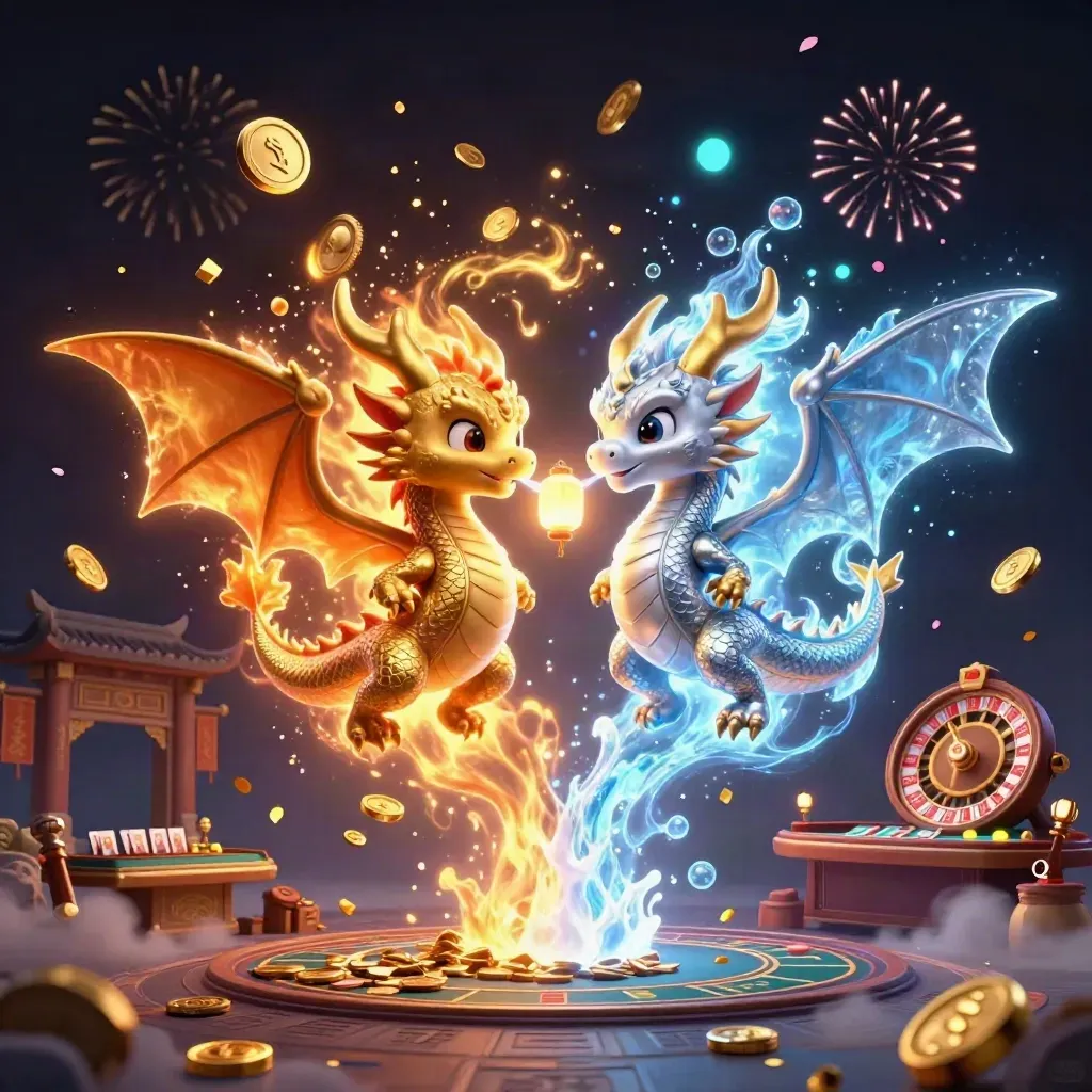 Gold and silver dragons whirl amid coins, fire, ice and casino treasures in a dark luxe burst