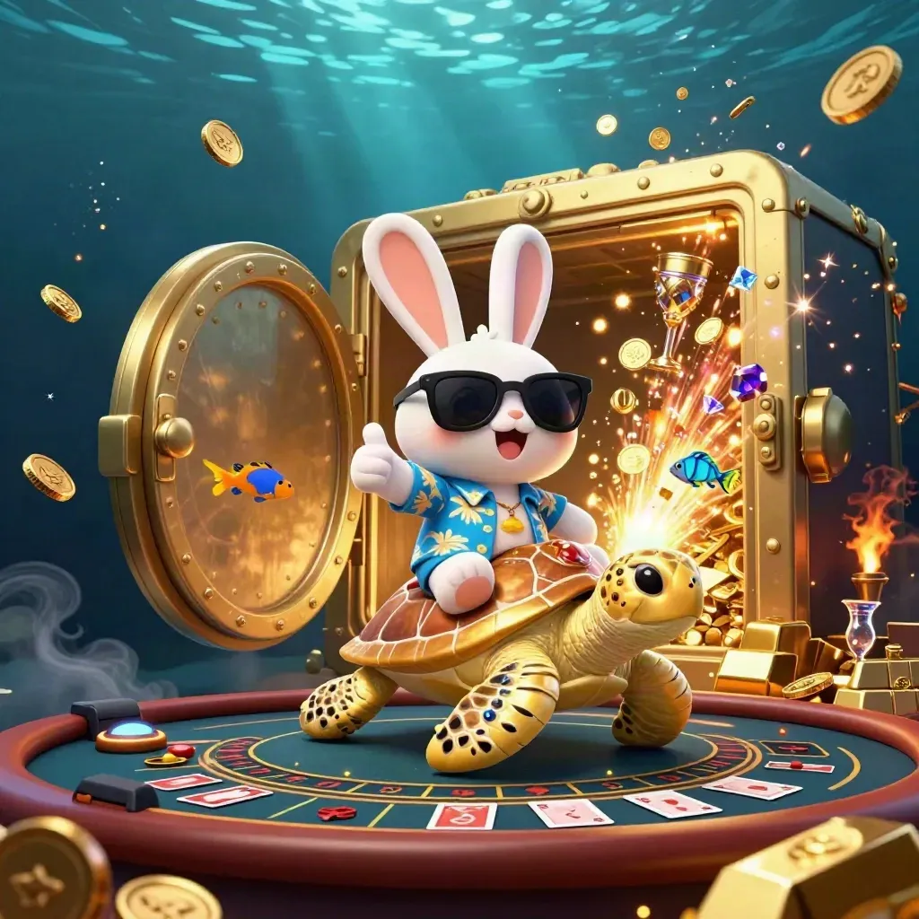 Lucky rabbit on a golden sea turtle amid vault treasure and casino lights