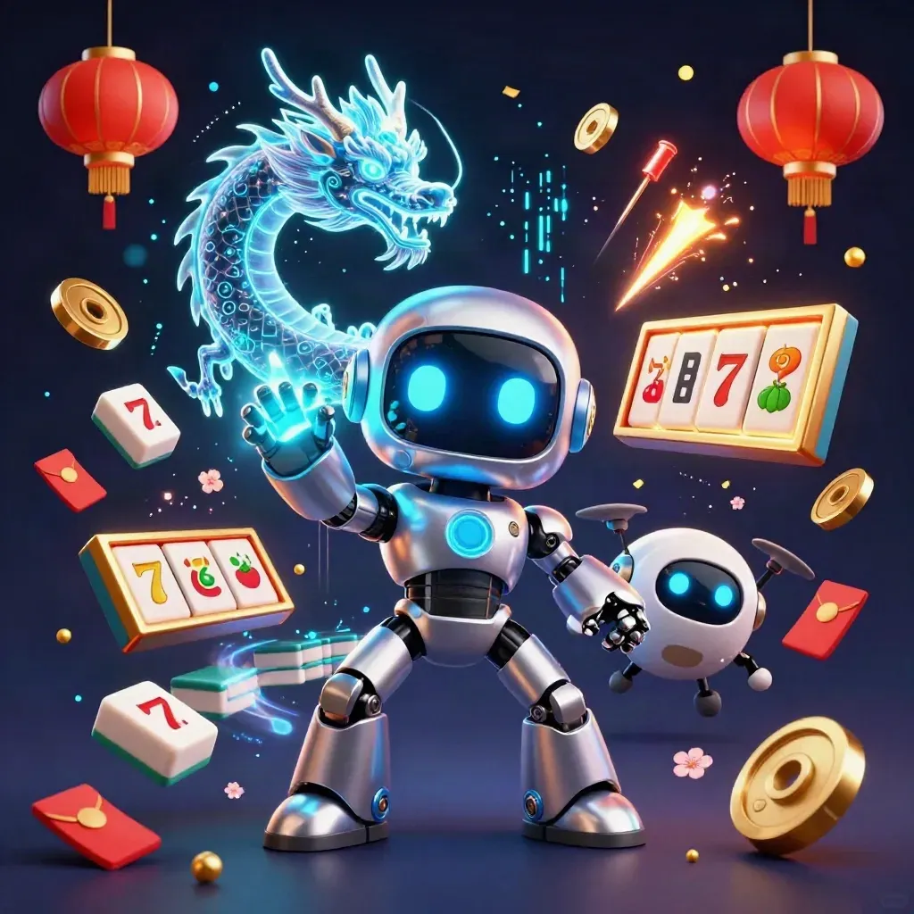 Robot mascot, holographic dragon and coin drone amid casino symbols on a dark luxe navy-gold backdrop.