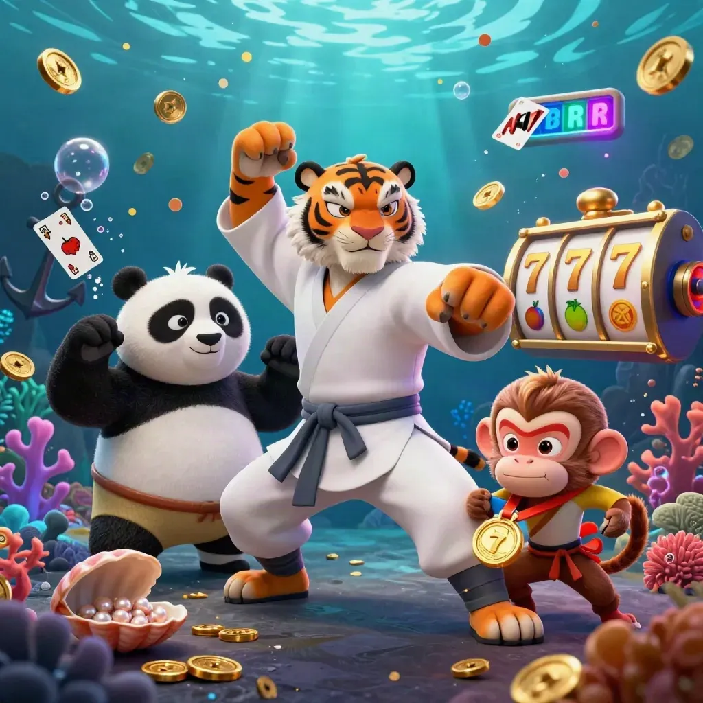 Kung-fu tiger, panda, and monkey in an underwater treasure cove with casino symbols and glowing gold.