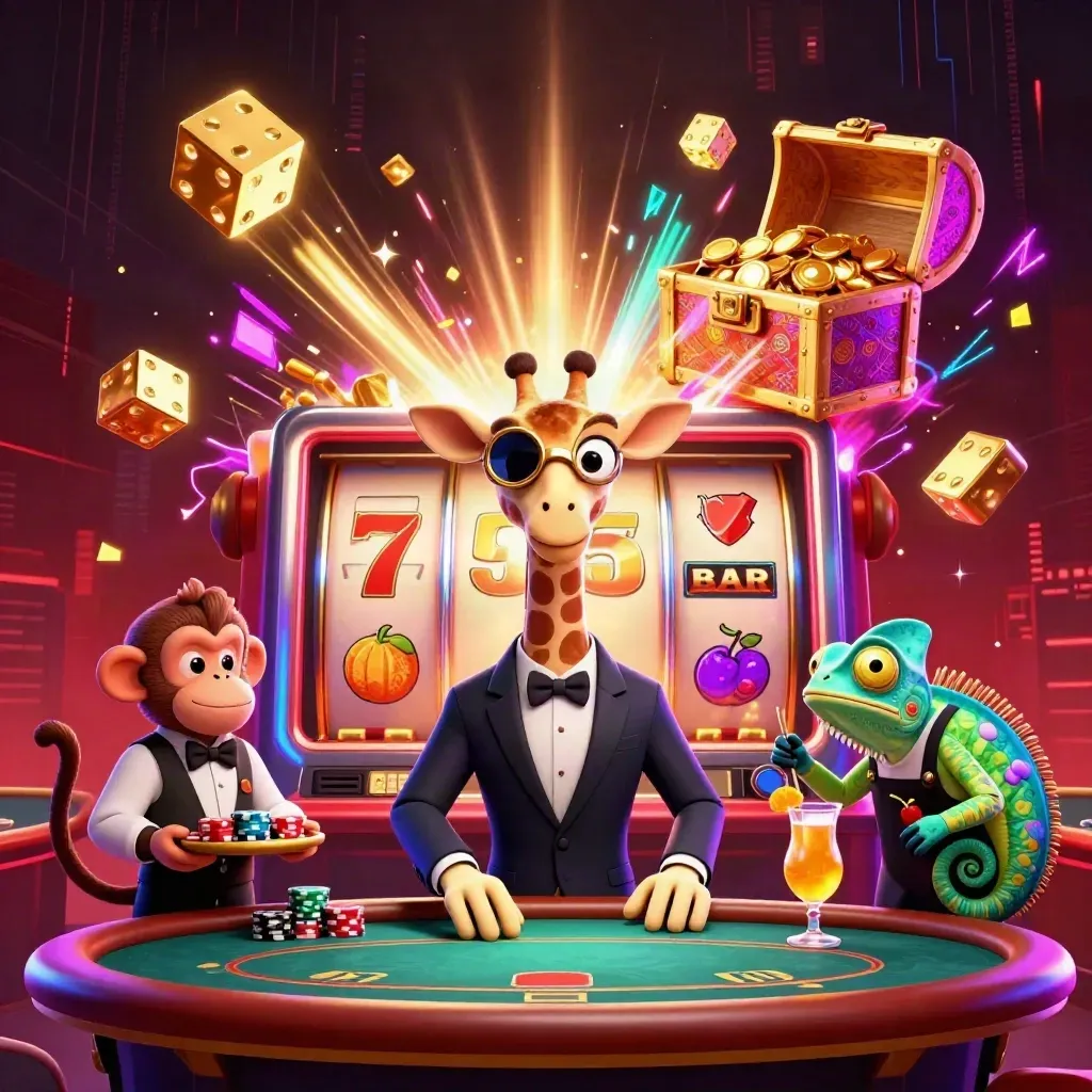 Giraffe, monkey valet, and chameleon bartender burst around a gold slot machine in luxe casino glam.