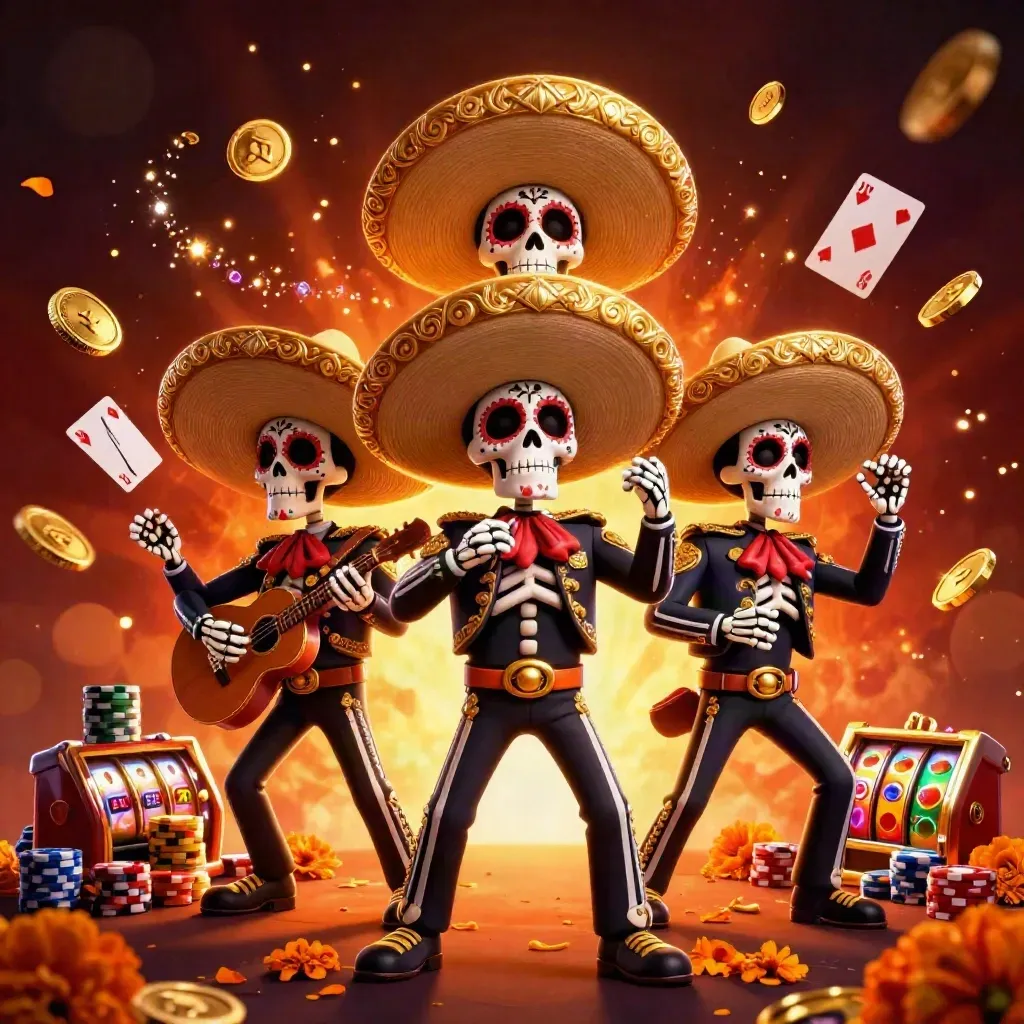 Three skeleton mariachi performers amid casino chips, coins, reels, cards, and glowing gold light.
