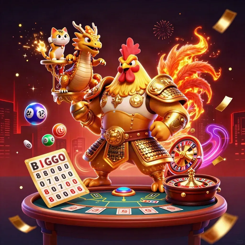 Rooster warrior, spark-breathing dragon hatchling, and fortune-cat amid casino rewards and glowing lights.