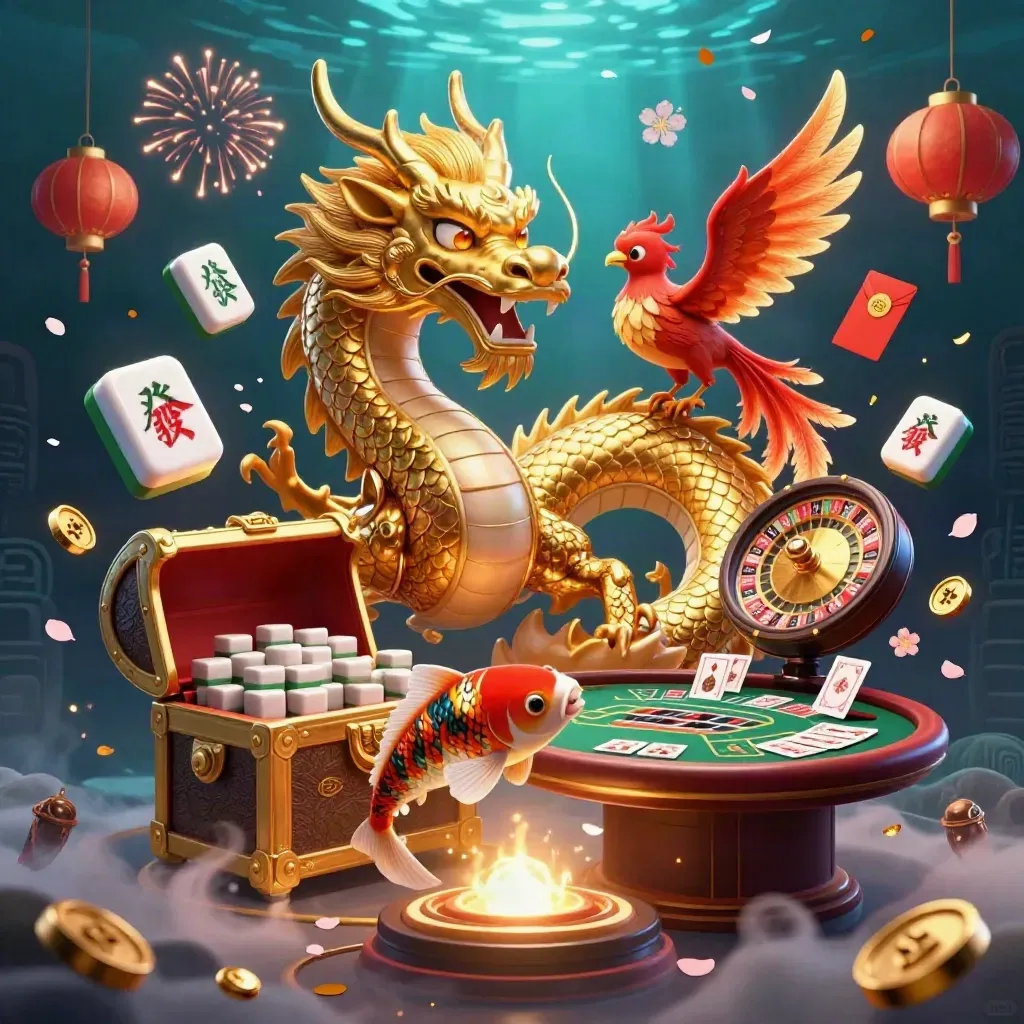 Golden dragon, phoenix and koi amid luxe casino gold light, cards, coins and lanterns