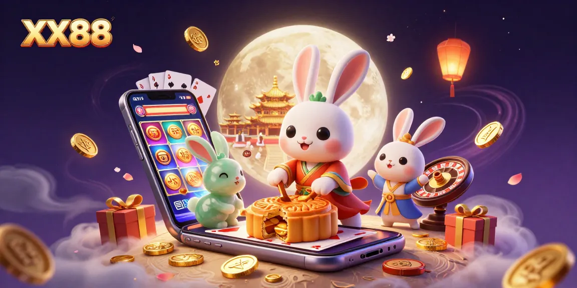Engage in thrilling gaming with XX88, where vibrant moon rabbits and casino elements create a spectacular scene.