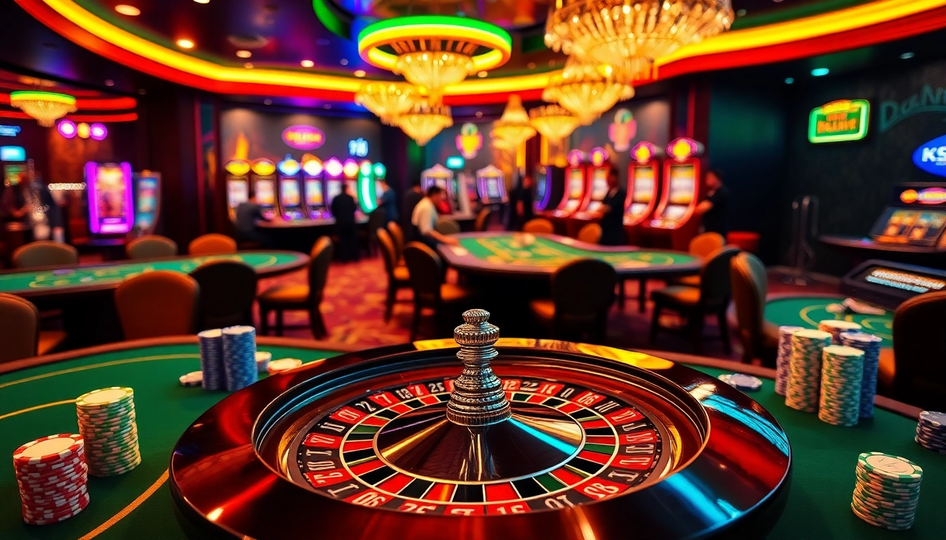 Excitement in the casino with players betting at XX 88 roulette and poker tables, showcasing vibrant gaming action.