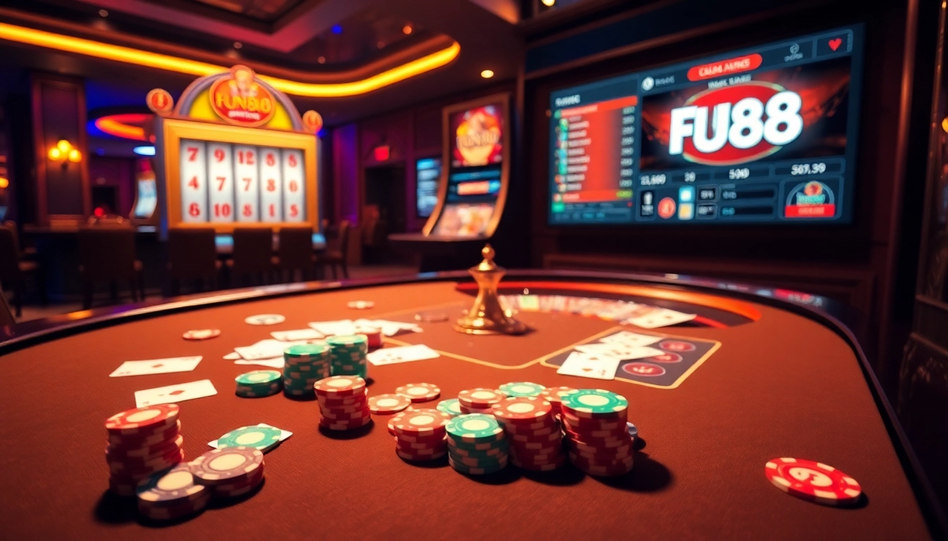 Exciting Fun88 casino gaming scene with poker tables and roulette wheels in a luxurious setting.