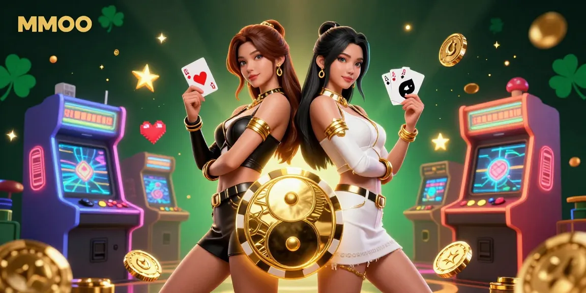 Engage with the immersive MMOO casino experience featuring twin Asian women in a vibrant gaming scene.